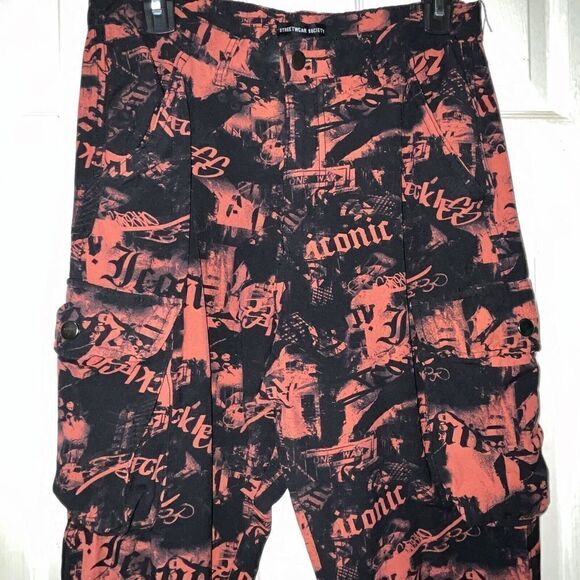 Streetwear Society Cargo Pants Black Red Words Size L 28x28 Y2K Edgy Punk - Picture 2 of 11